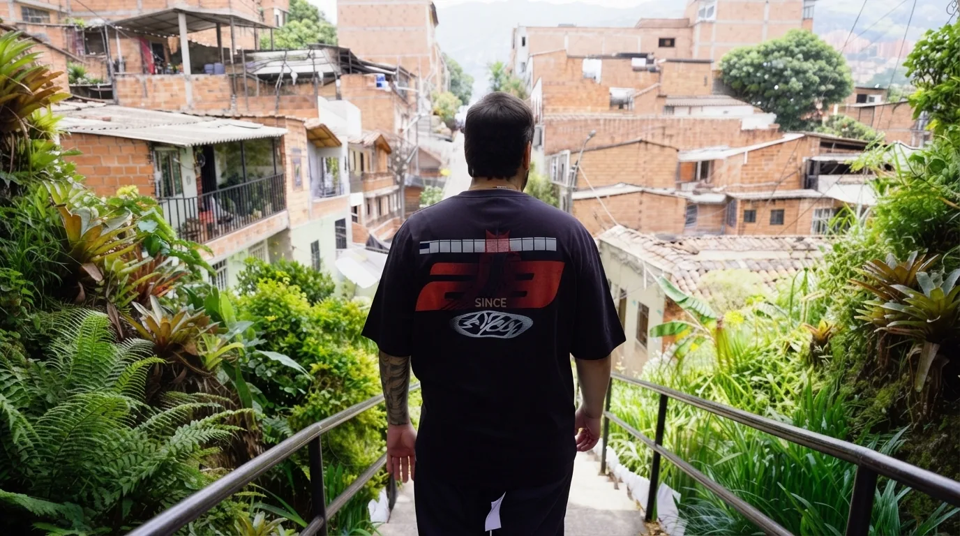 Hombre de espaldas con camiseta negra bajando unas escaleras entre casas y plantas en Medellín